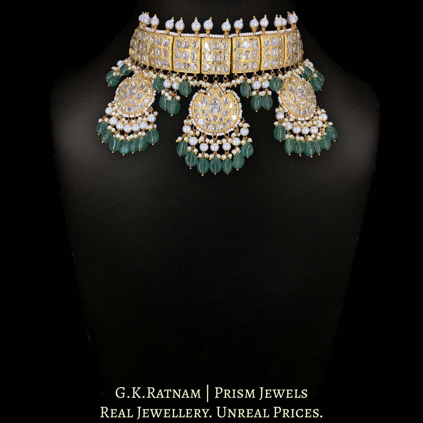 23k Gold and Diamond Polki Choker Necklace Set with Chand Hangings