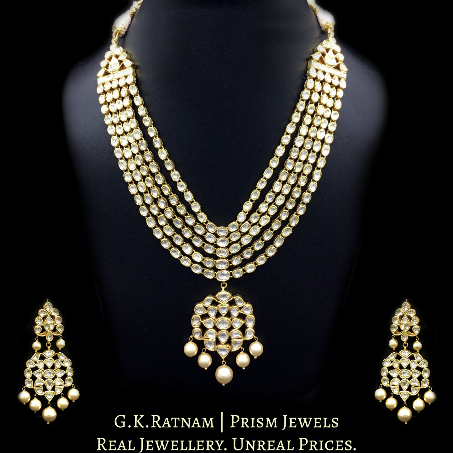 Traditional Gold and Diamond Polki five-line Necklace Set with south-sea-like pearls - G. K. Ratnam