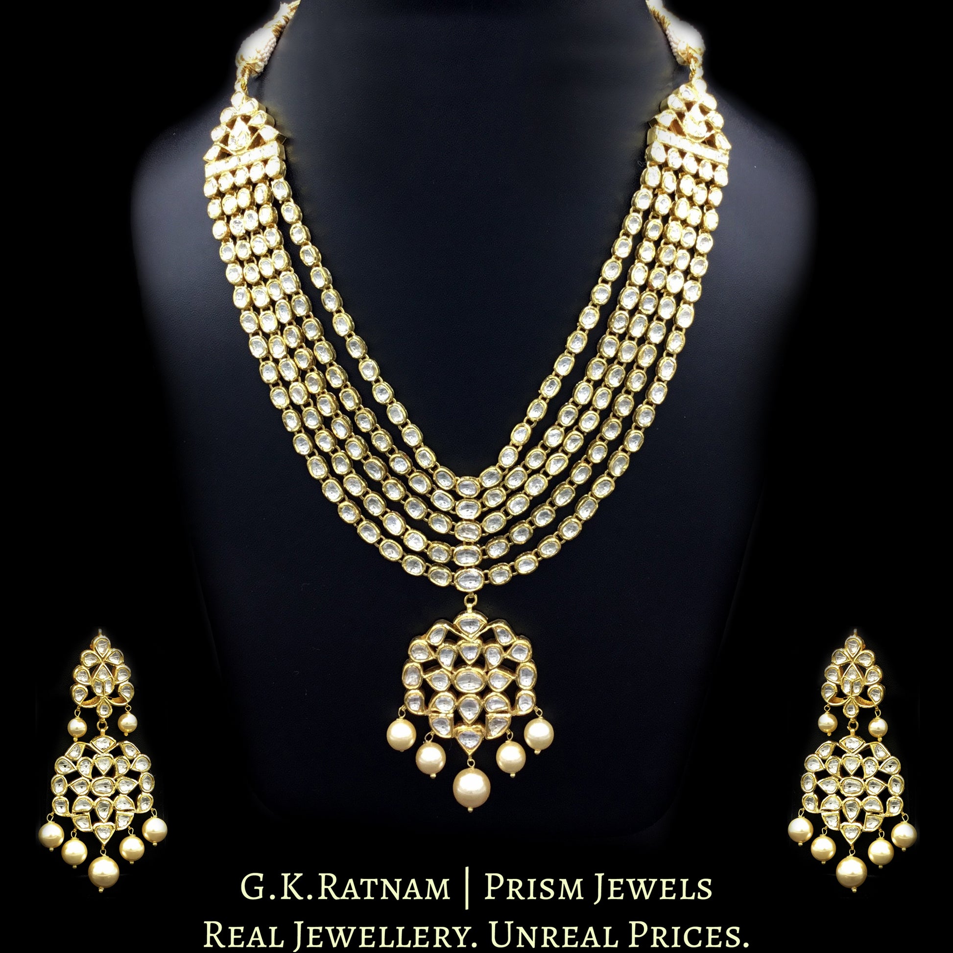 Traditional Gold and Diamond Polki five-line Necklace Set with south-sea-like pearls - G. K. Ratnam