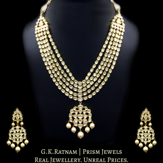 Traditional Gold and Diamond Polki five-line Necklace Set with south-sea-like pearls - G. K. Ratnam