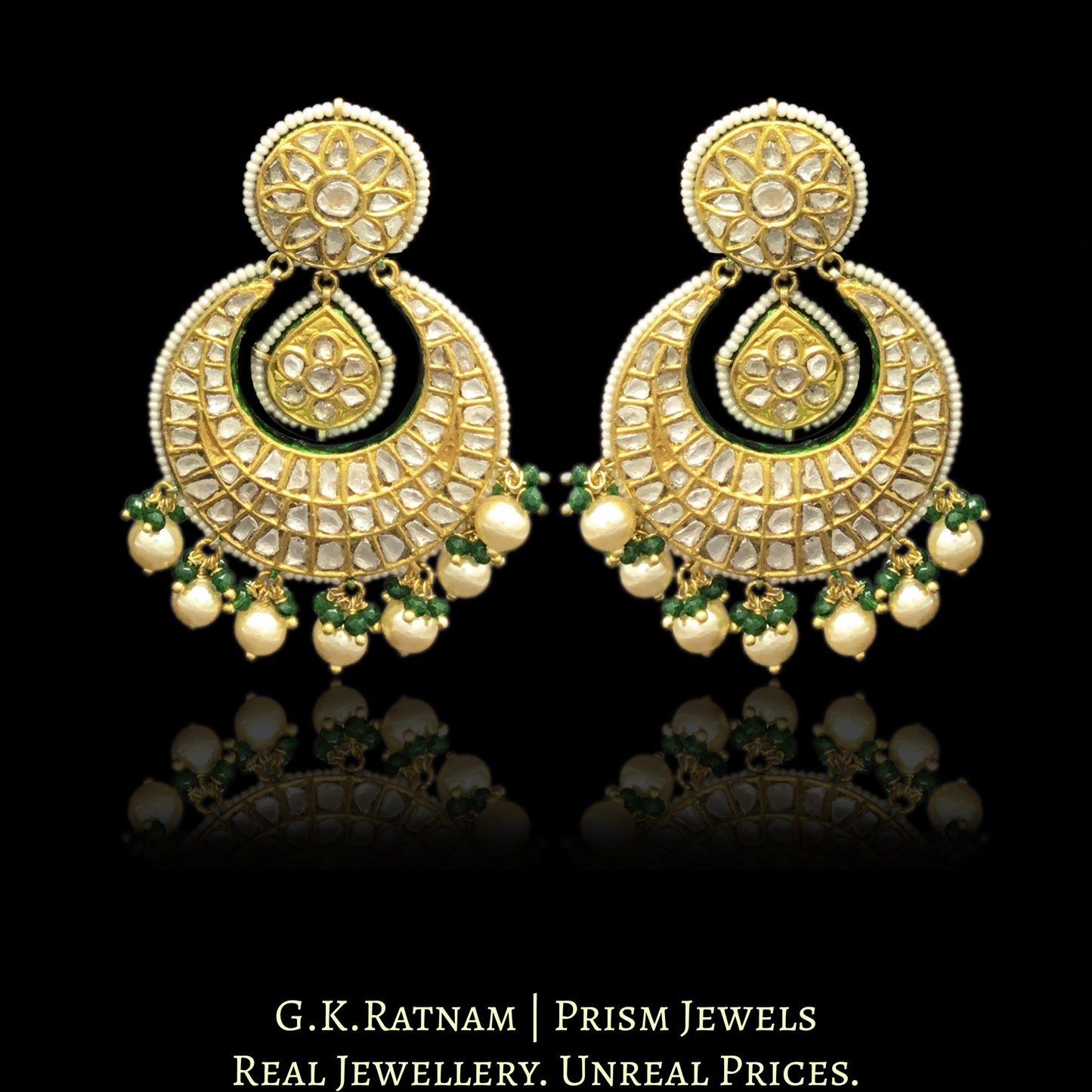 23k Gold and Diamond Polki Chand Bali Earring Pair with pearls and green beads - G. K. Ratnam