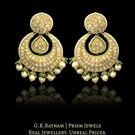23k Gold and Diamond Polki Chand Bali Earring Pair with pearls and green beads - G. K. Ratnam