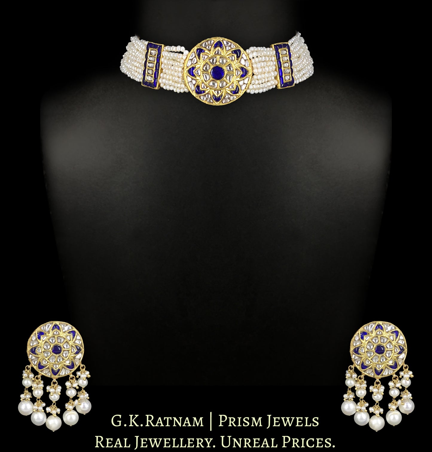23k Gold And Diamond Polki Choker Necklace Set with Natural Freshwater Pearls