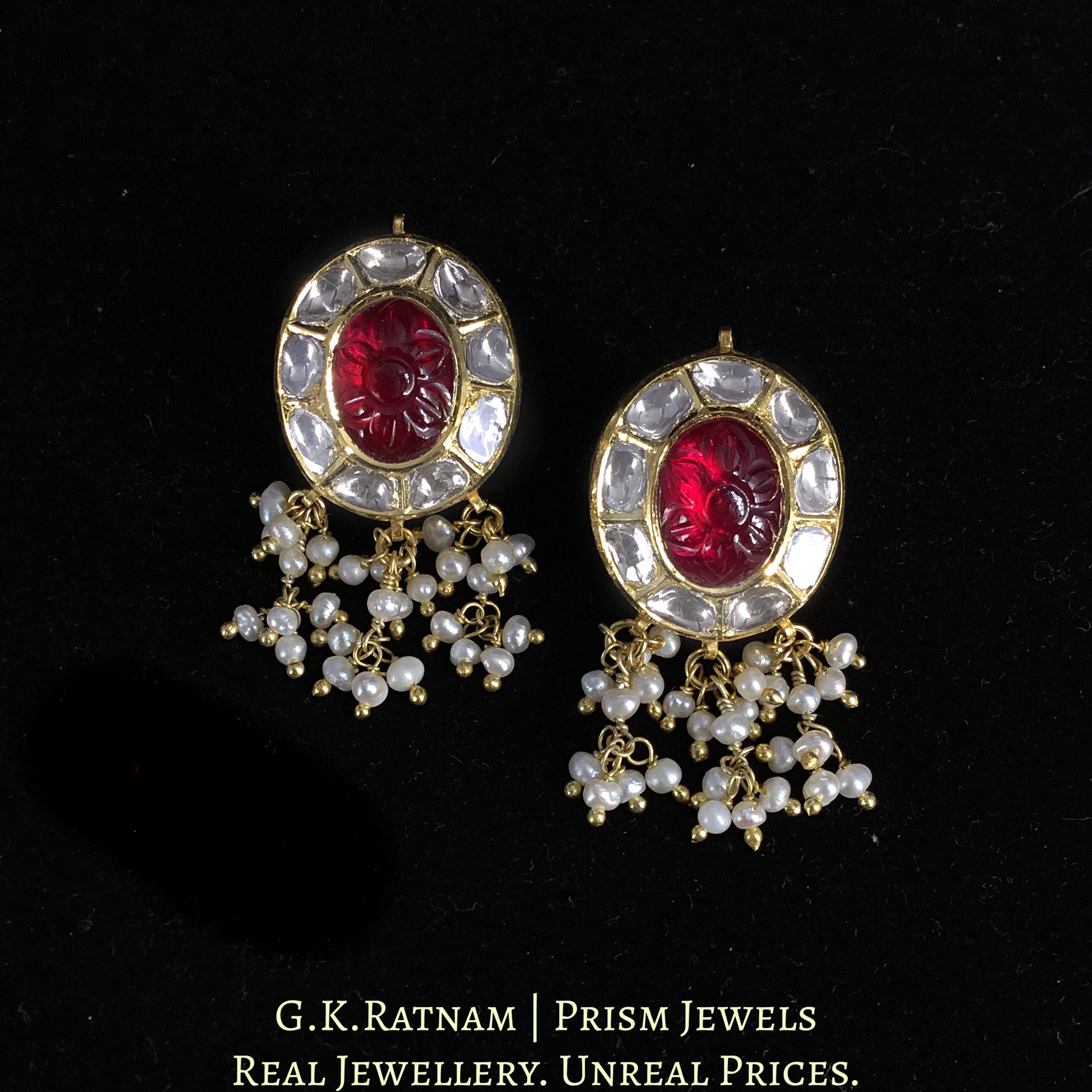 18k Gold and Diamond Polki Navratna Pendant Set With intricately carved navratans - G. K. Ratnam