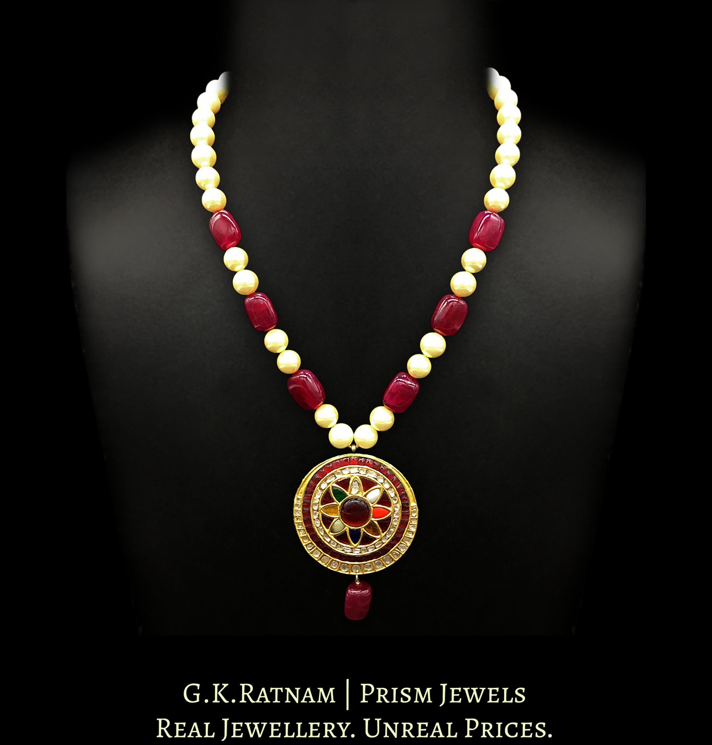 23k Gold and Diamond Polki Big Navratna Round Pendant with pearls and quartz - G. K. Ratnam
