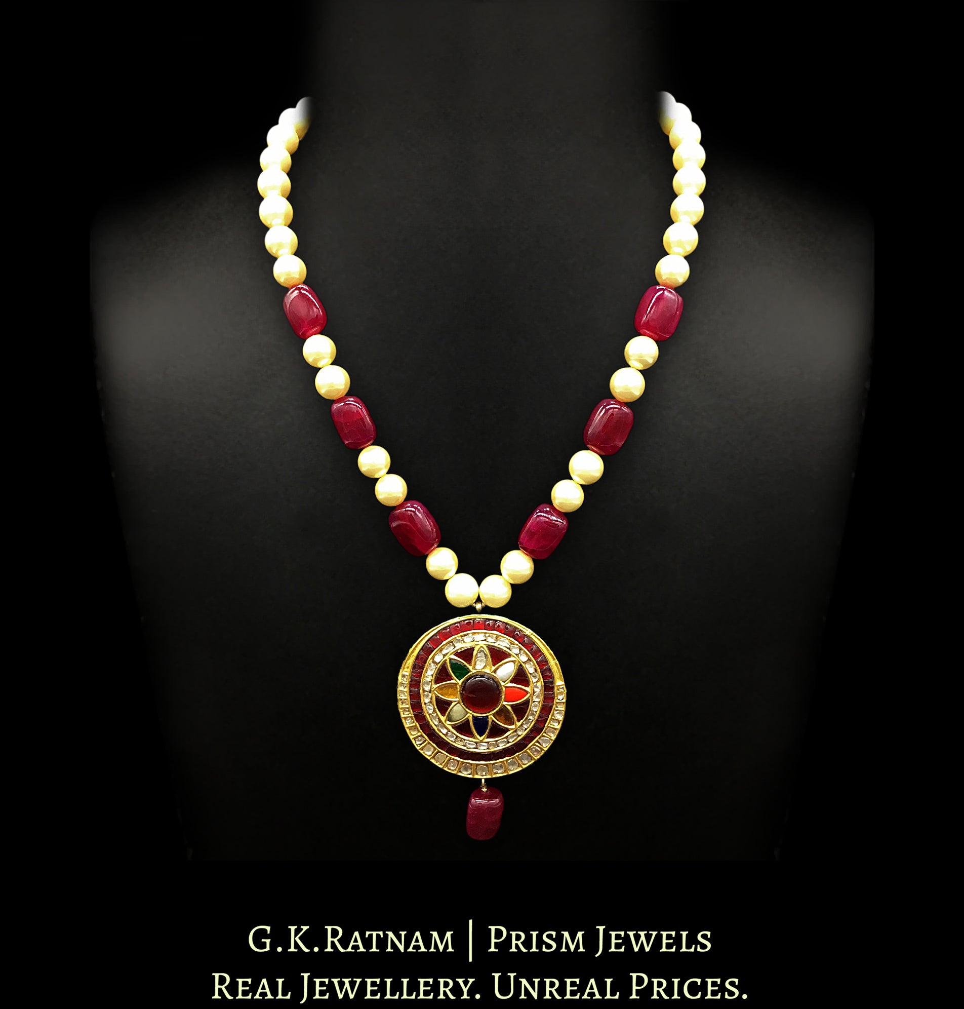 23k Gold and Diamond Polki Big Navratna Round Pendant with pearls and quartz - G. K. Ratnam