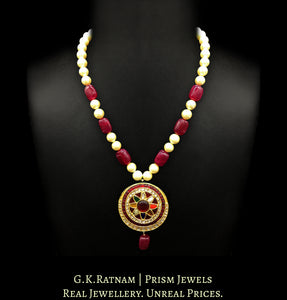 23k Gold and Diamond Polki Big Navratna Round Pendant with pearls and quartz - G. K. Ratnam