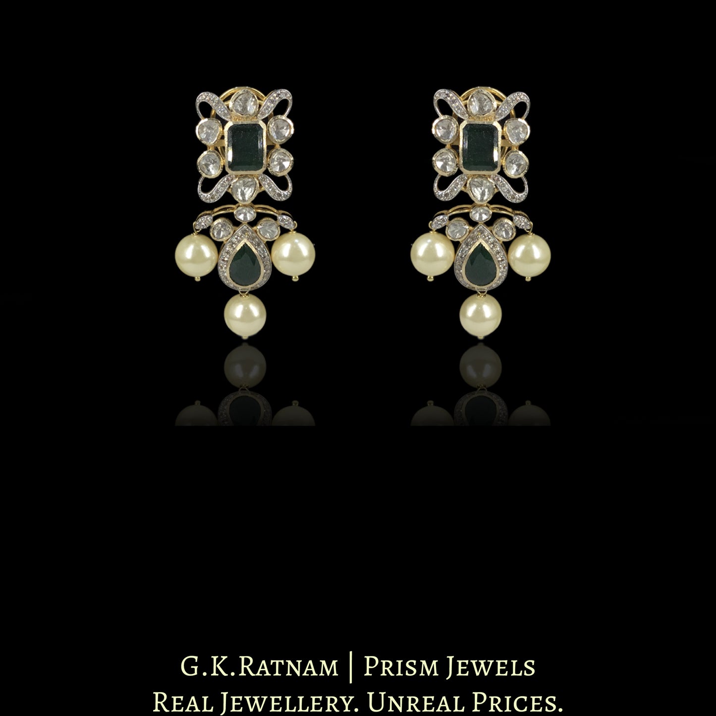 18k Gold And Diamond Polki Open Setting Necklace Set with emerald-green Beryls