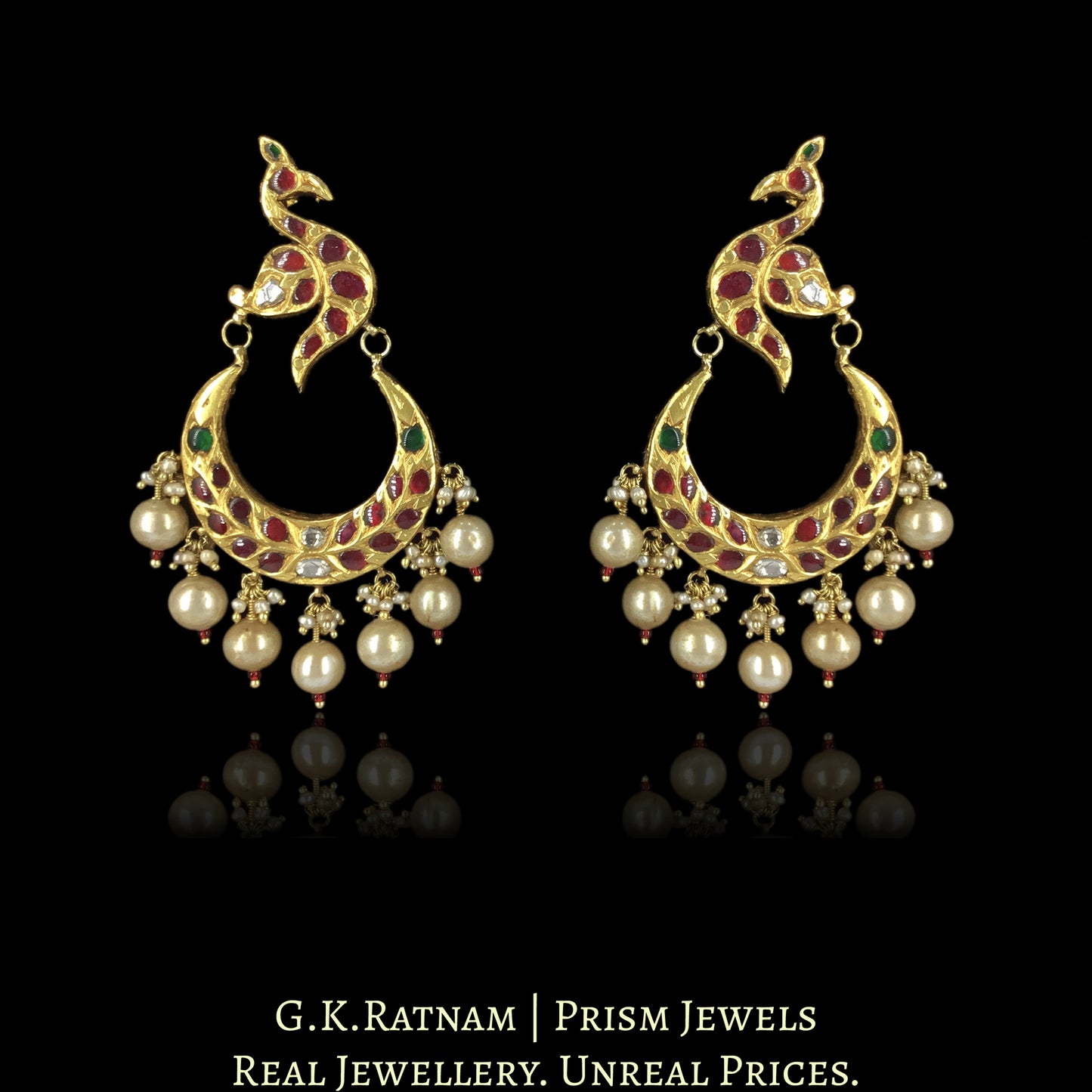 23k Gold and Diamond Polki Chand Bali Earring Pair with Ruby & Emerald Peacock Motifs