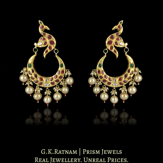 23k Gold and Diamond Polki Chand Bali Earring Pair with Ruby & Emerald Peacock Motifs