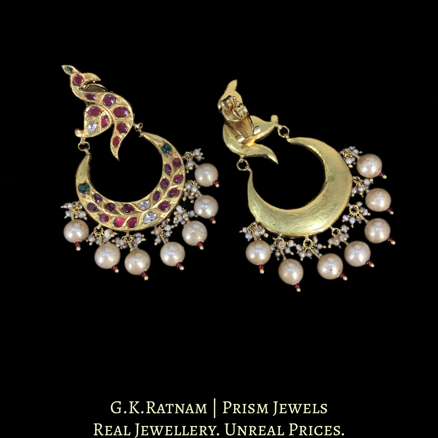 23k Gold and Diamond Polki Chand Bali Earring Pair with Ruby & Emerald Peacock Motifs
