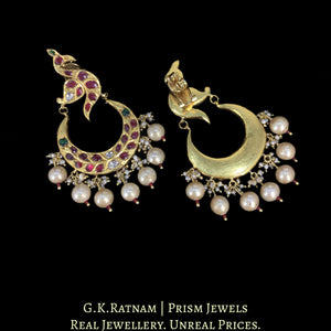 23k Gold and Diamond Polki Chand Bali Earring Pair with Ruby & Emerald Peacock Motifs
