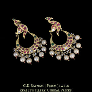 23k Gold and Diamond Polki Chand Bali Earring Pair with Ruby & Emerald Peacock Motifs
