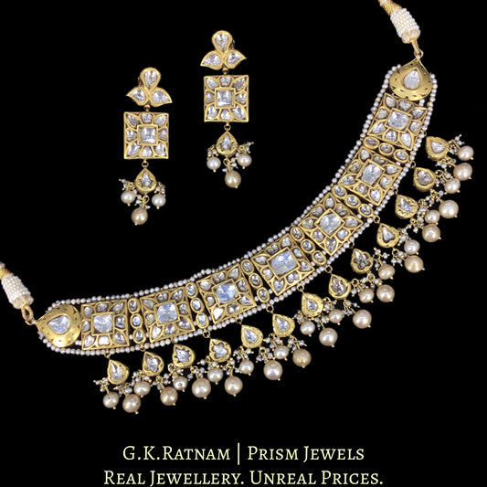 23k Gold and Diamond Polki Choker Necklace Set with basra-like Antiqued Hyderabadi Pearls - G. K. Ratnam