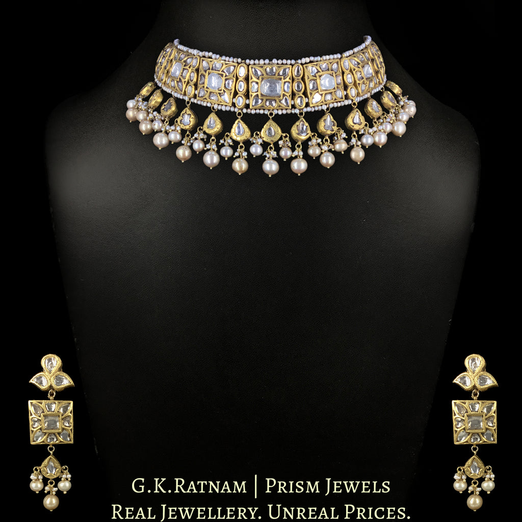 23k Gold and Diamond Polki Choker Necklace Set with basra-like Antiqued Hyderabadi Pearls