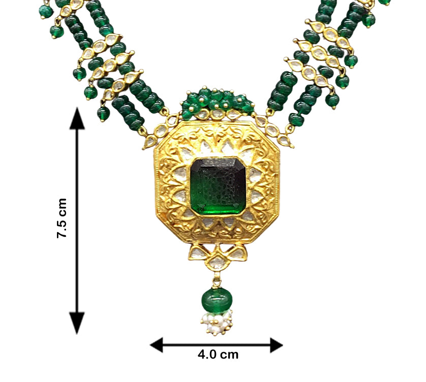 22k Gold and Diamond Polki green-center Octagon Pendant Set with polki leafs strung in natural emerald beads - G. K. Ratnam