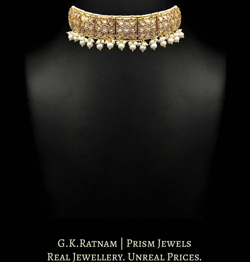 23k Gold and Diamond Polki Choker Necklace with antiqued hyderabadi pearls and corals - G. K. Ratnam