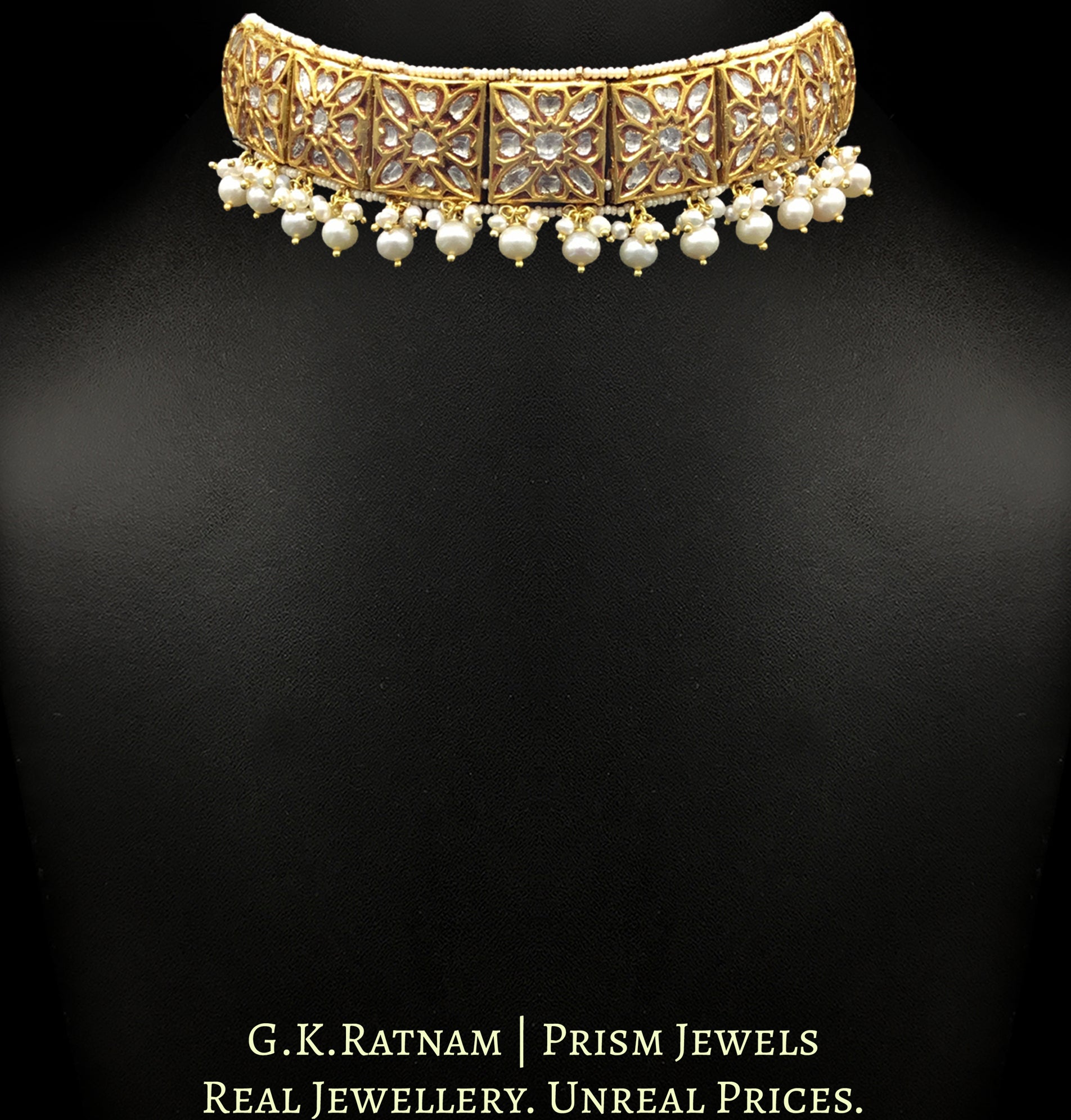 23k Gold and Diamond Polki Choker Necklace with antiqued hyderabadi pearls and corals - G. K. Ratnam