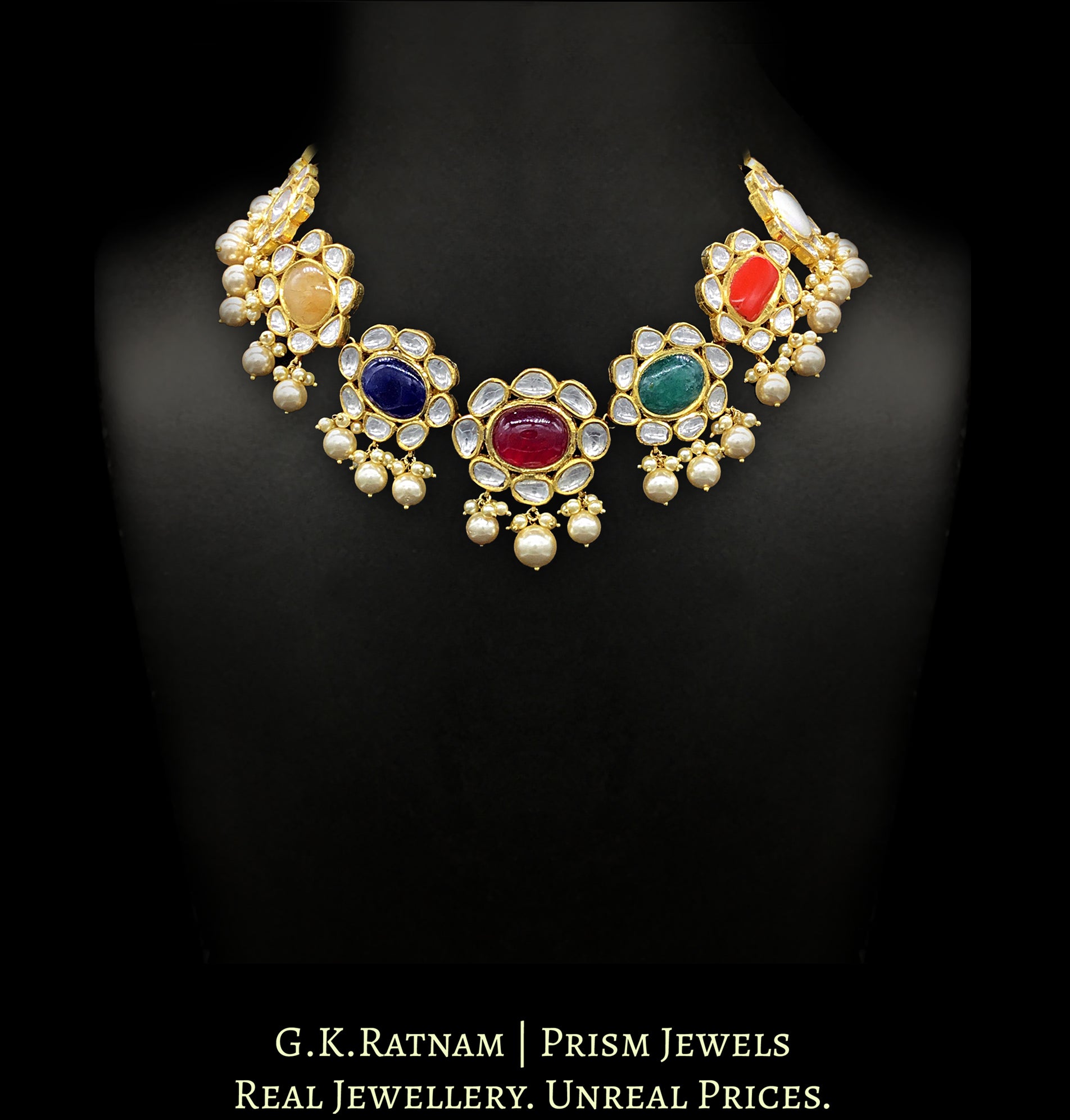 18k Gold and Diamond Polki Navratna Necklace with lustrous pearls - G. K. Ratnam