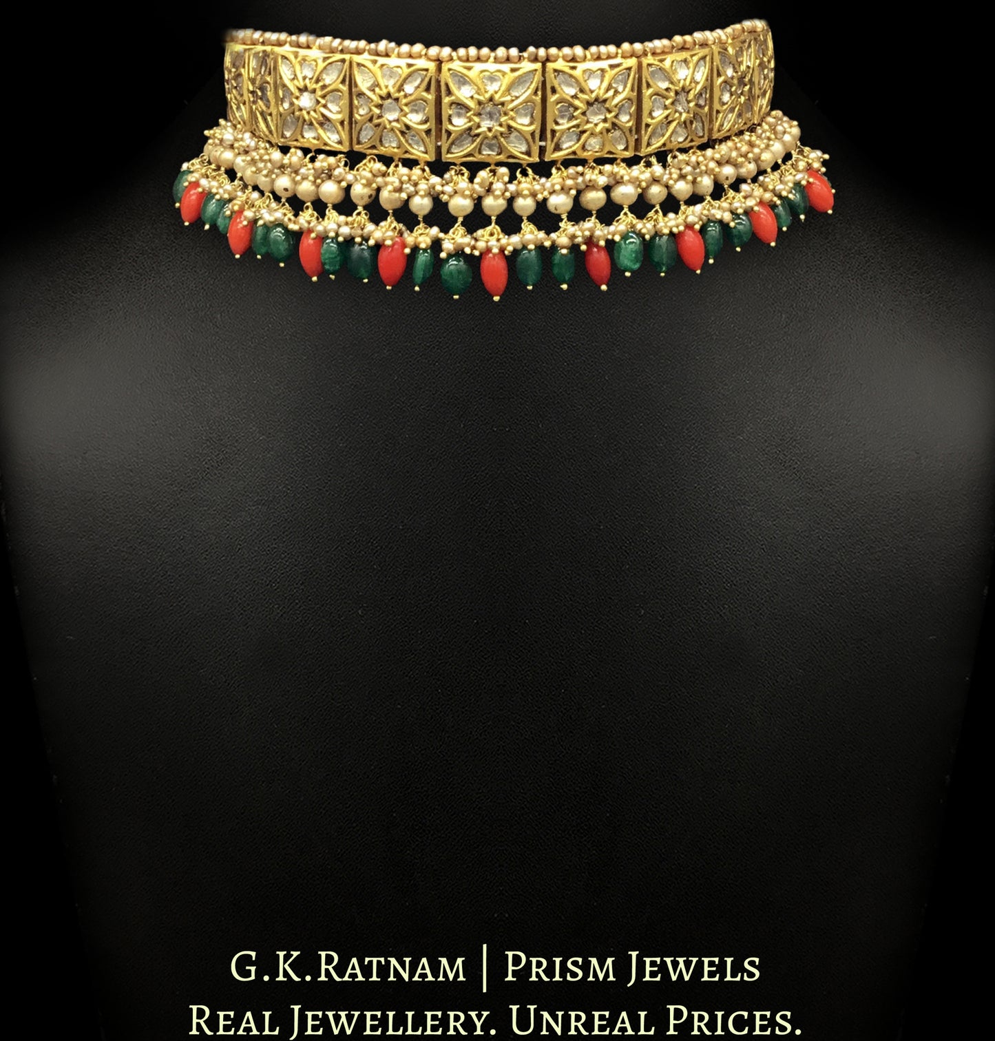 23k Gold and Diamond Polki Choker Necklace with antiqued hyderabadi pearls and corals - G. K. Ratnam