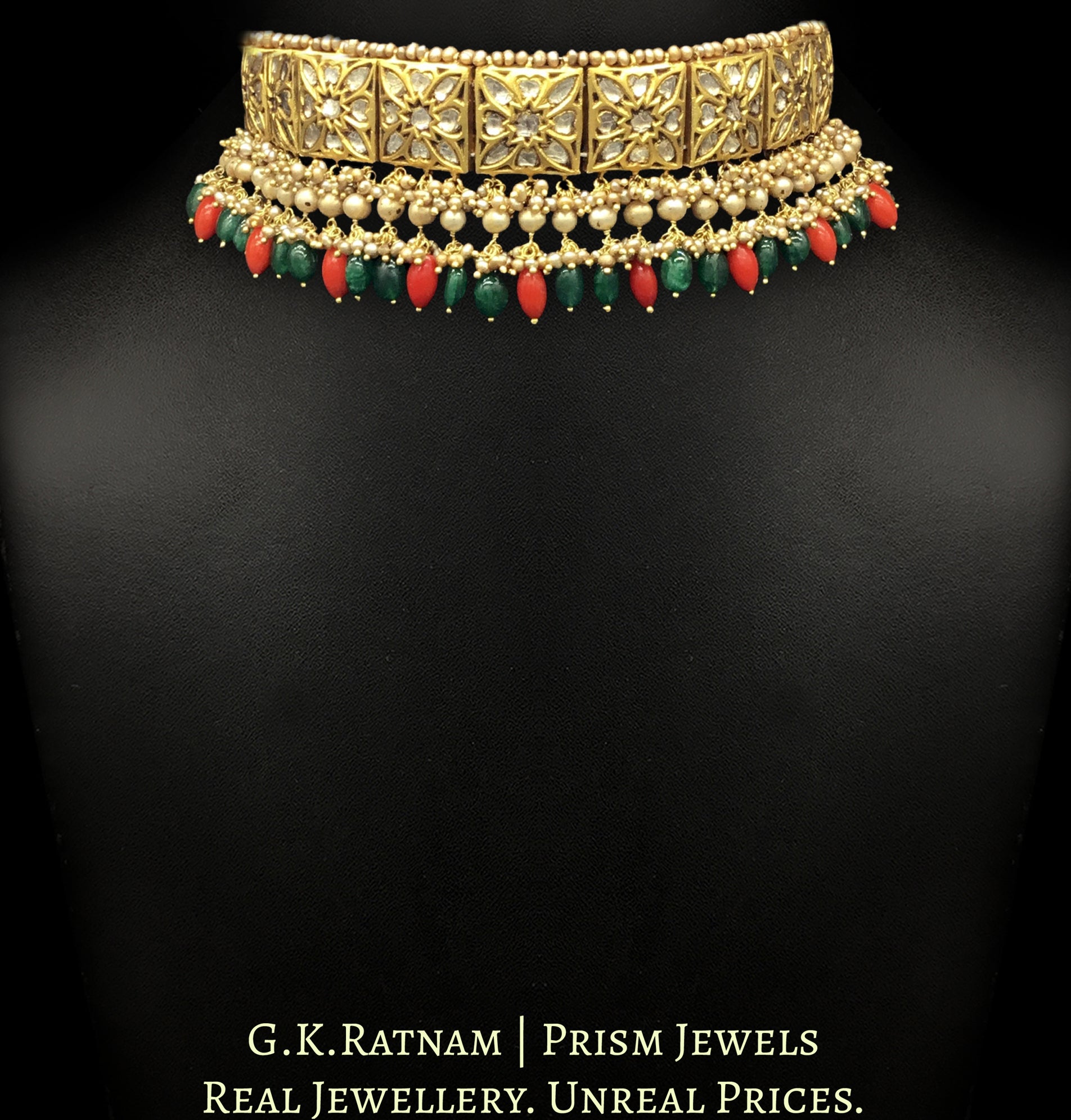 23k Gold and Diamond Polki Choker Necklace with antiqued hyderabadi pearls and corals - G. K. Ratnam
