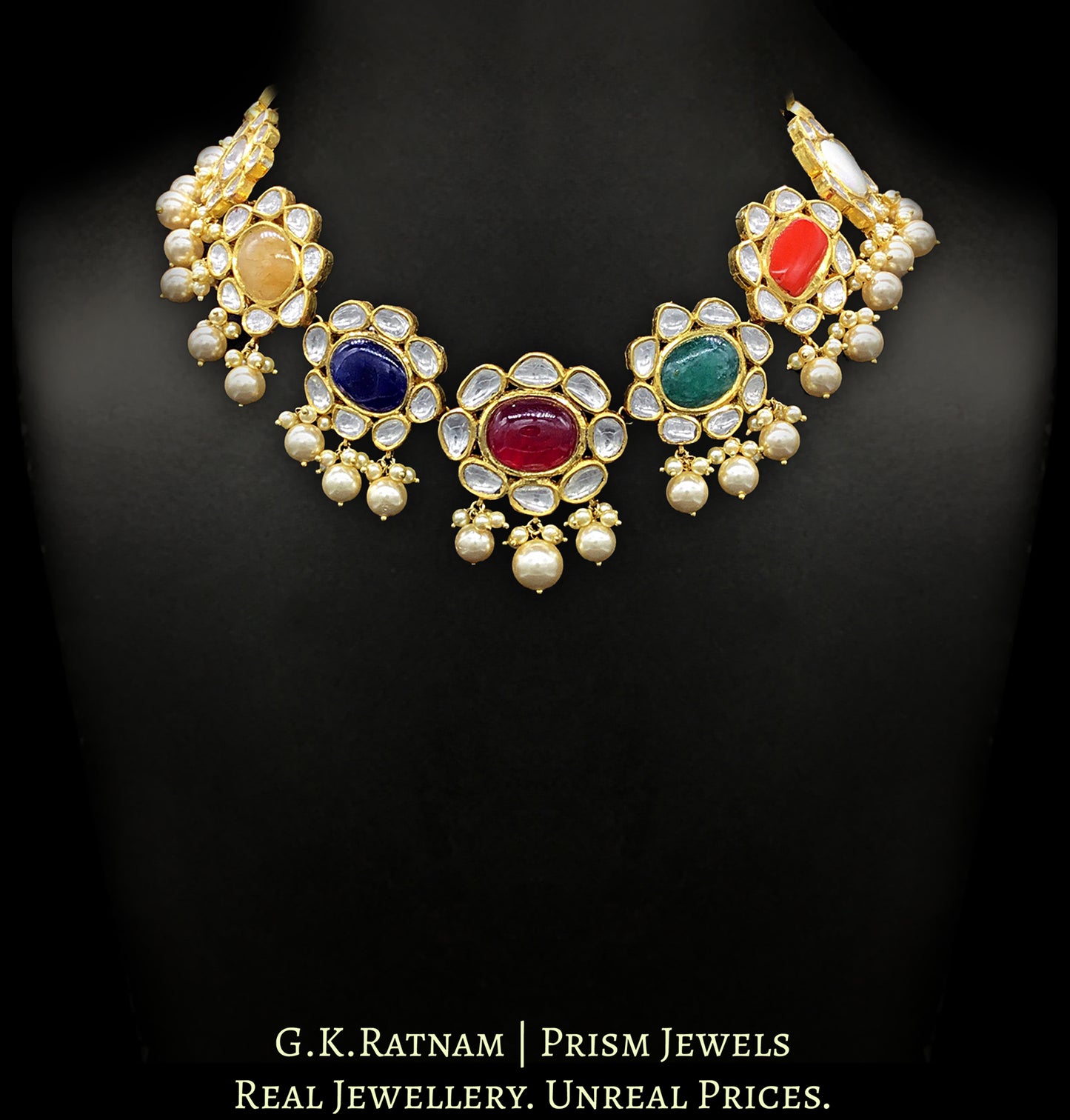 18k Gold and Diamond Polki Navratna Necklace with lustrous pearls - G. K. Ratnam