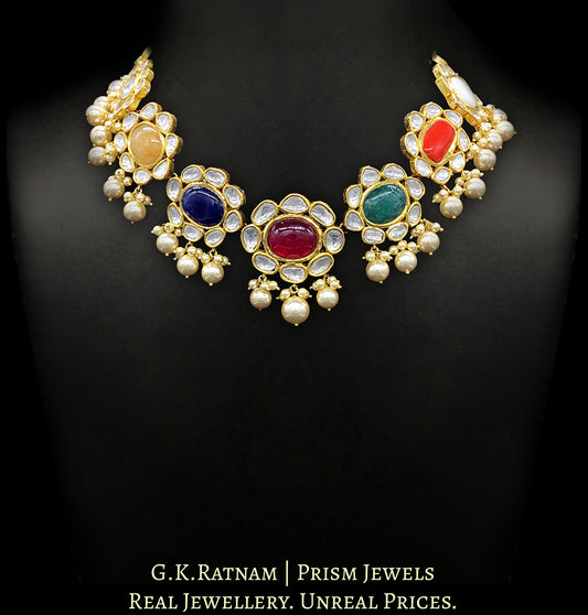 18k Gold and Diamond Polki Navratna Necklace with lustrous pearls - G. K. Ratnam