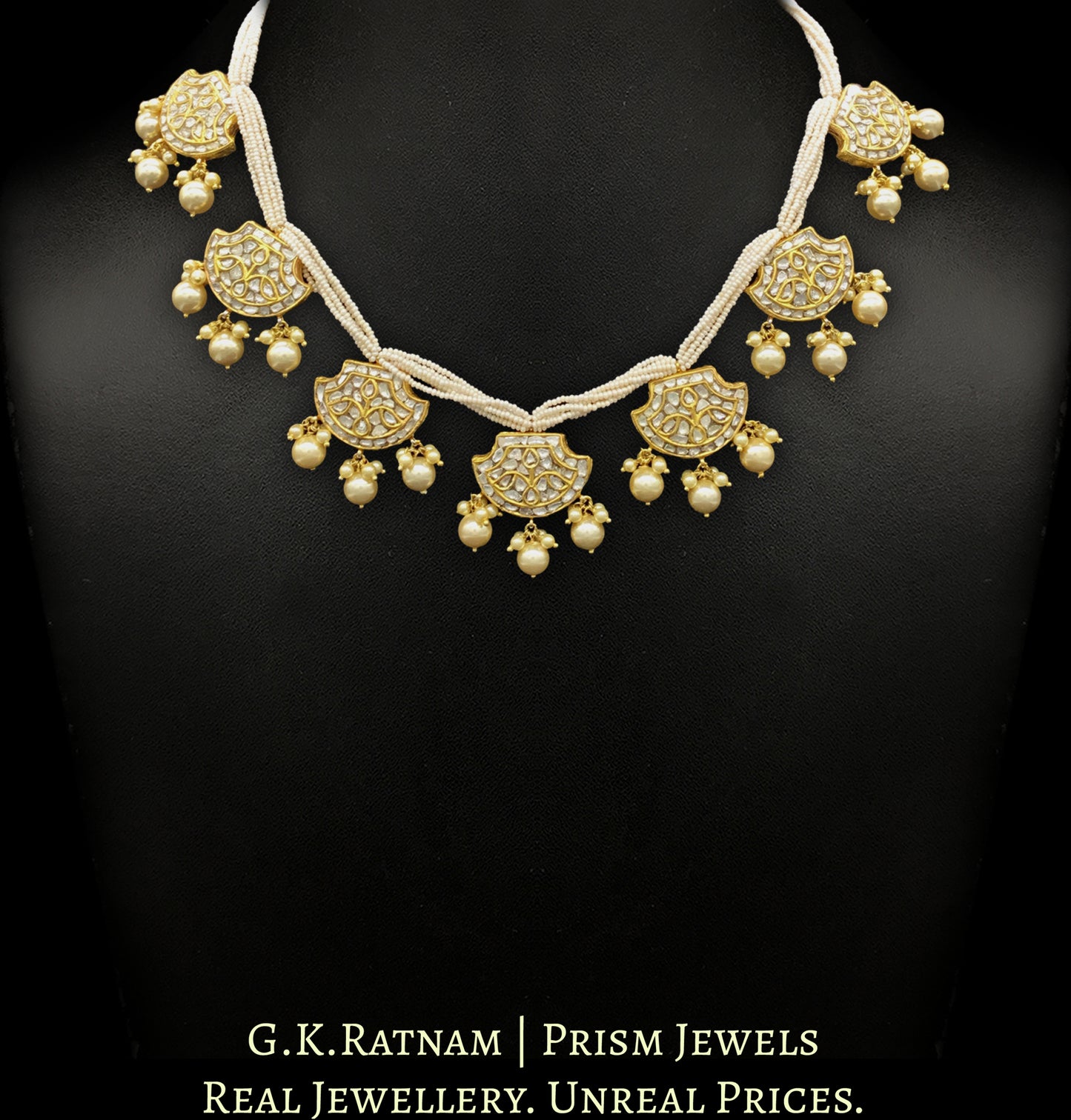 23k Gold and Diamond Polki Pankhi (fan) Necklace Set with tiny chid pearls - G. K. Ratnam