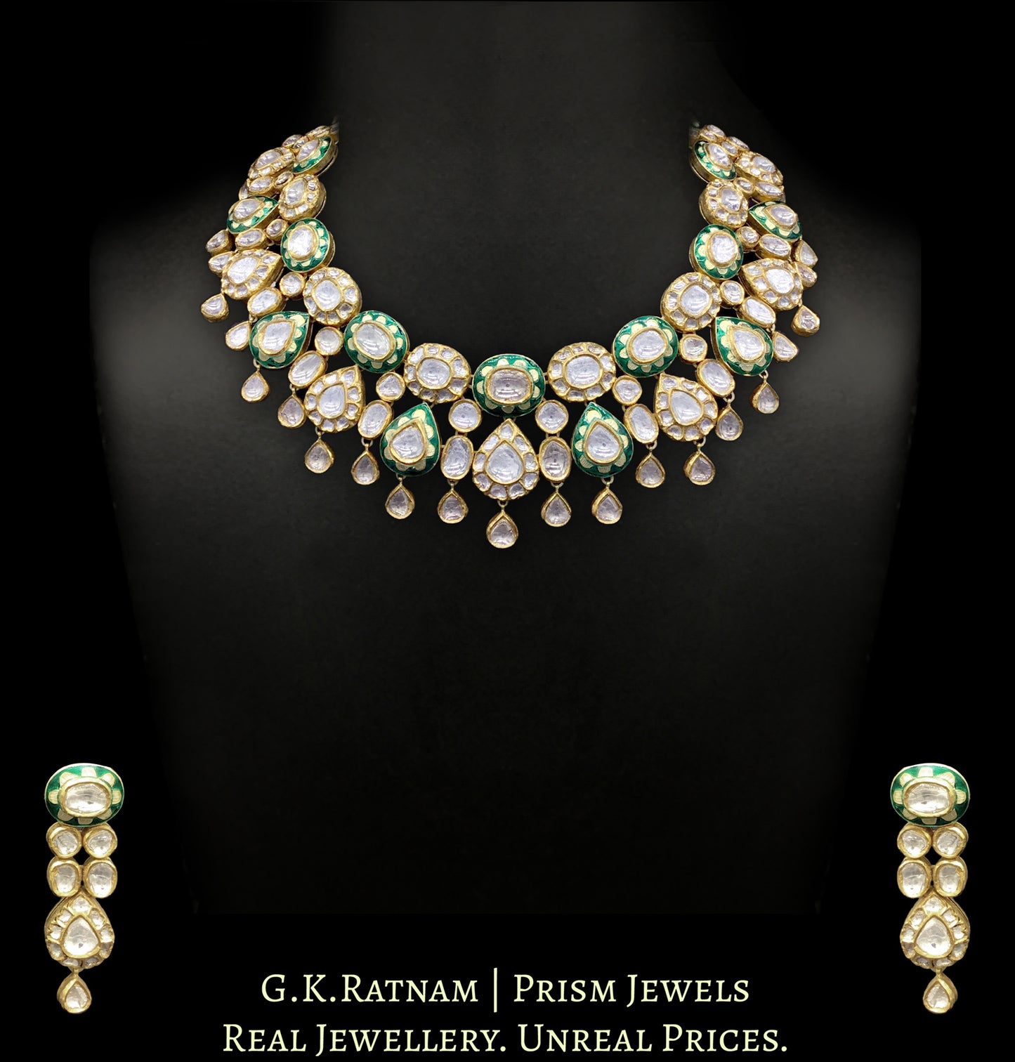18k Gold and Diamond Polki Necklace Set with floral green enamelling - G. K. Ratnam