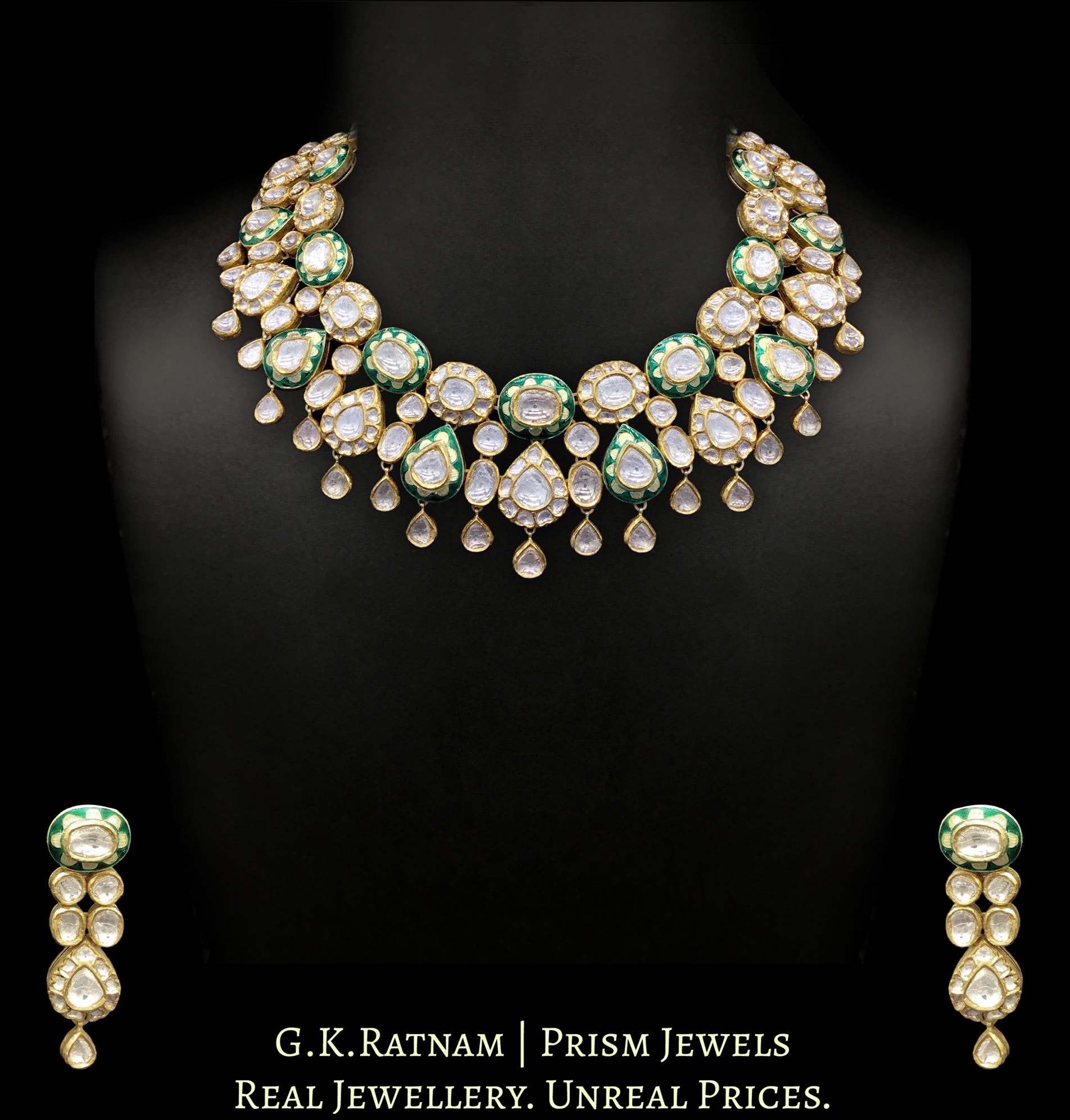 18k Gold and Diamond Polki Necklace Set with floral green enamelling - G. K. Ratnam