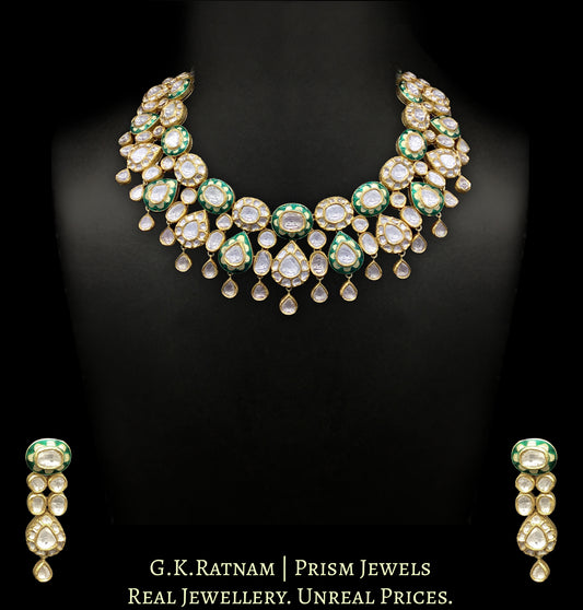 18k Gold and Diamond Polki Necklace Set with floral green enamelling - G. K. Ratnam