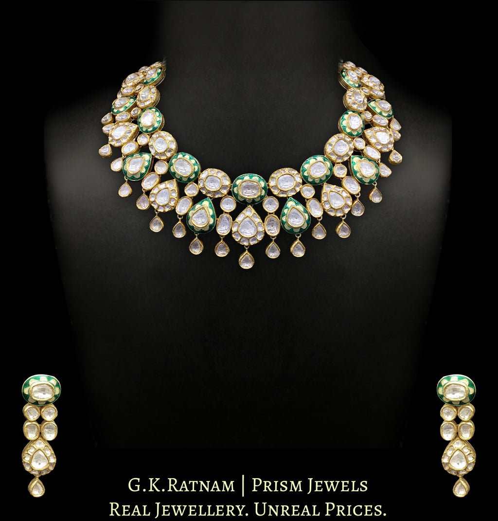 18k Gold and Diamond Polki Necklace Set with floral green enamelling