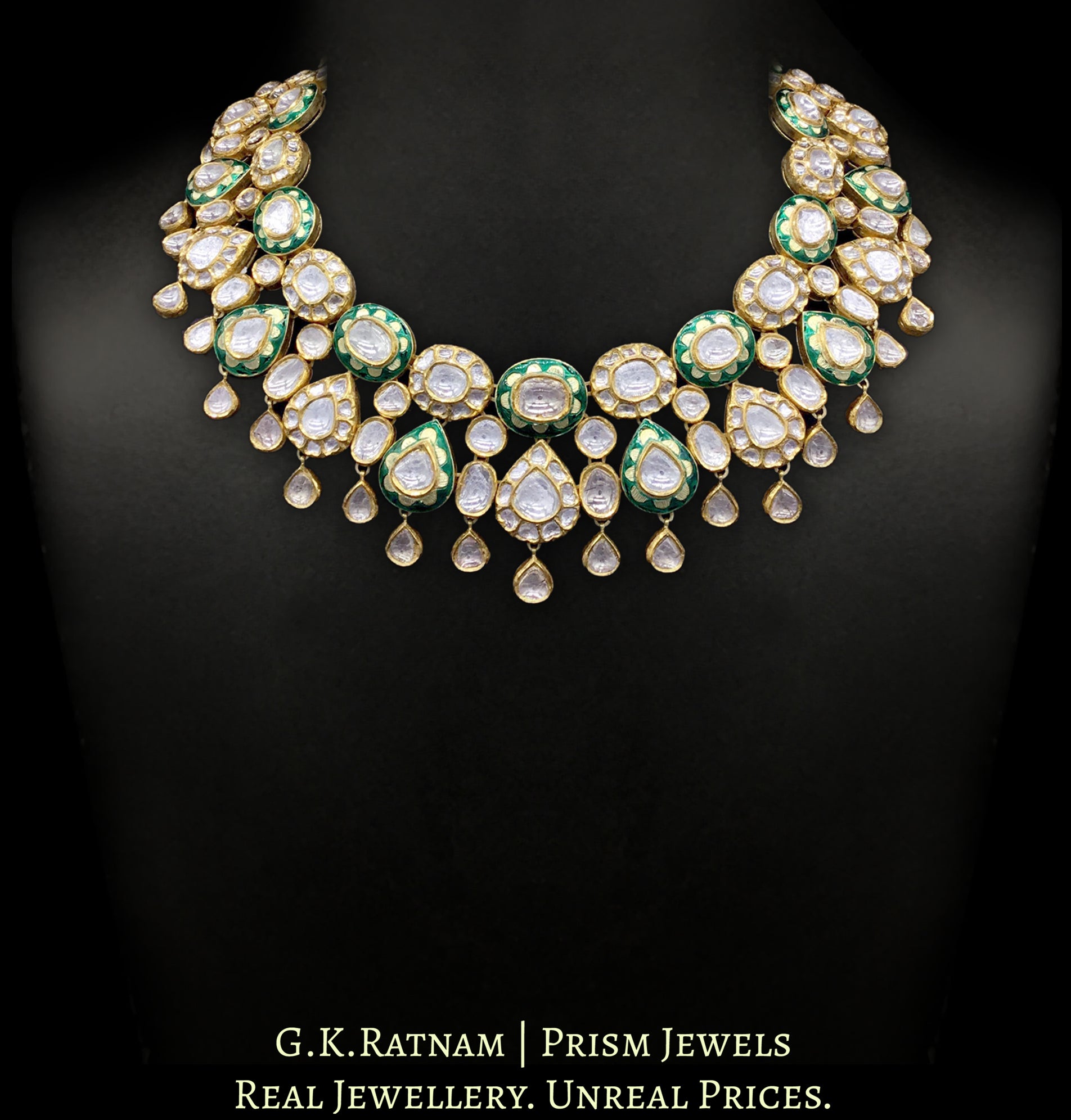 18k Gold and Diamond Polki Necklace Set with floral green enamelling
