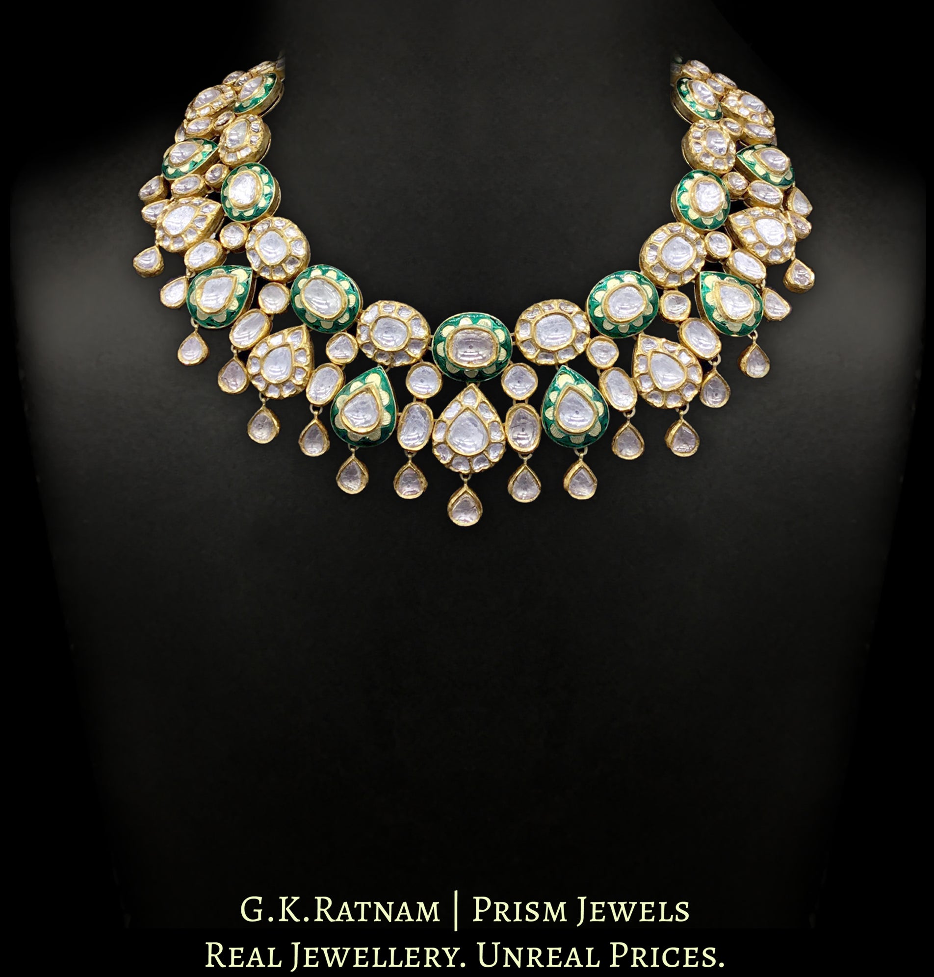 18k Gold and Diamond Polki Necklace Set with floral green enamelling - G. K. Ratnam
