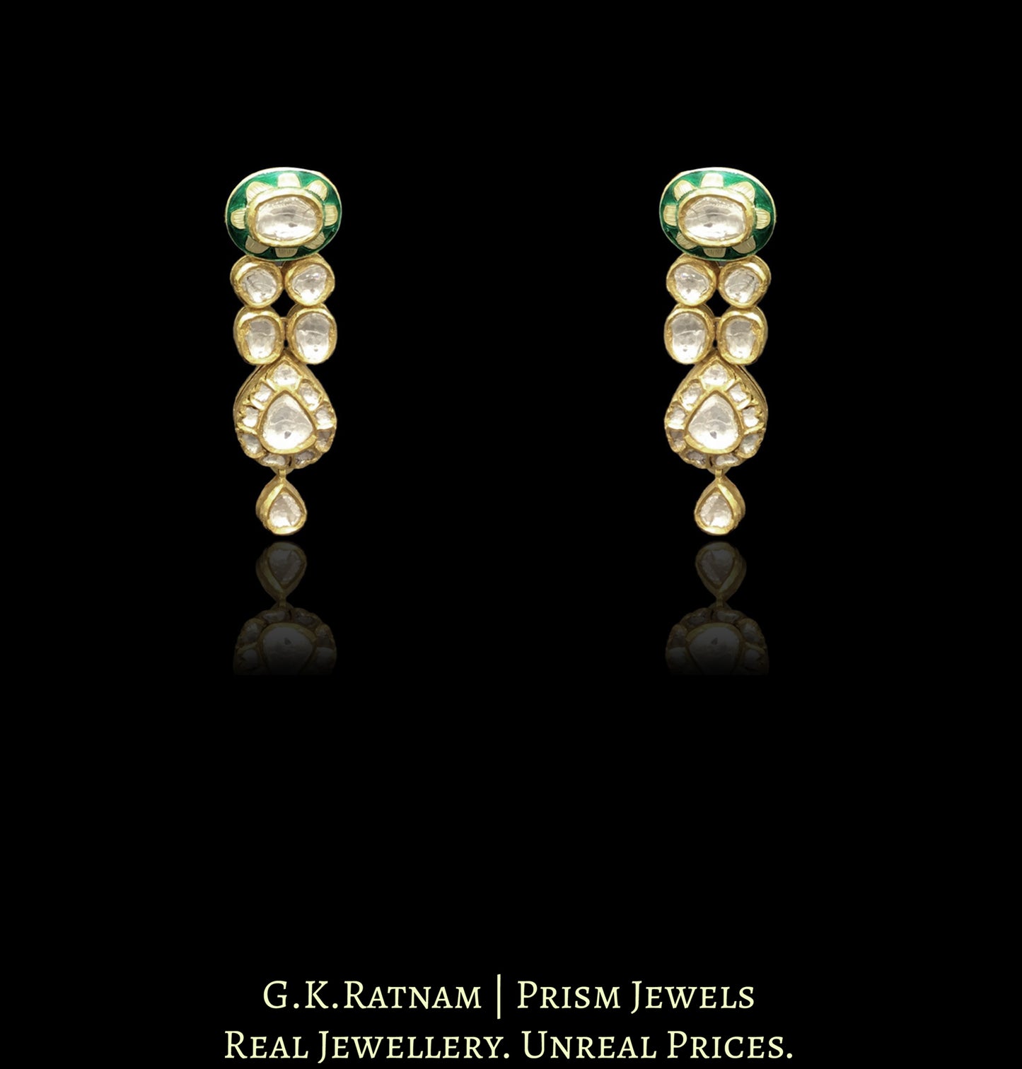 18k Gold and Diamond Polki Necklace Set with floral green enamelling - G. K. Ratnam