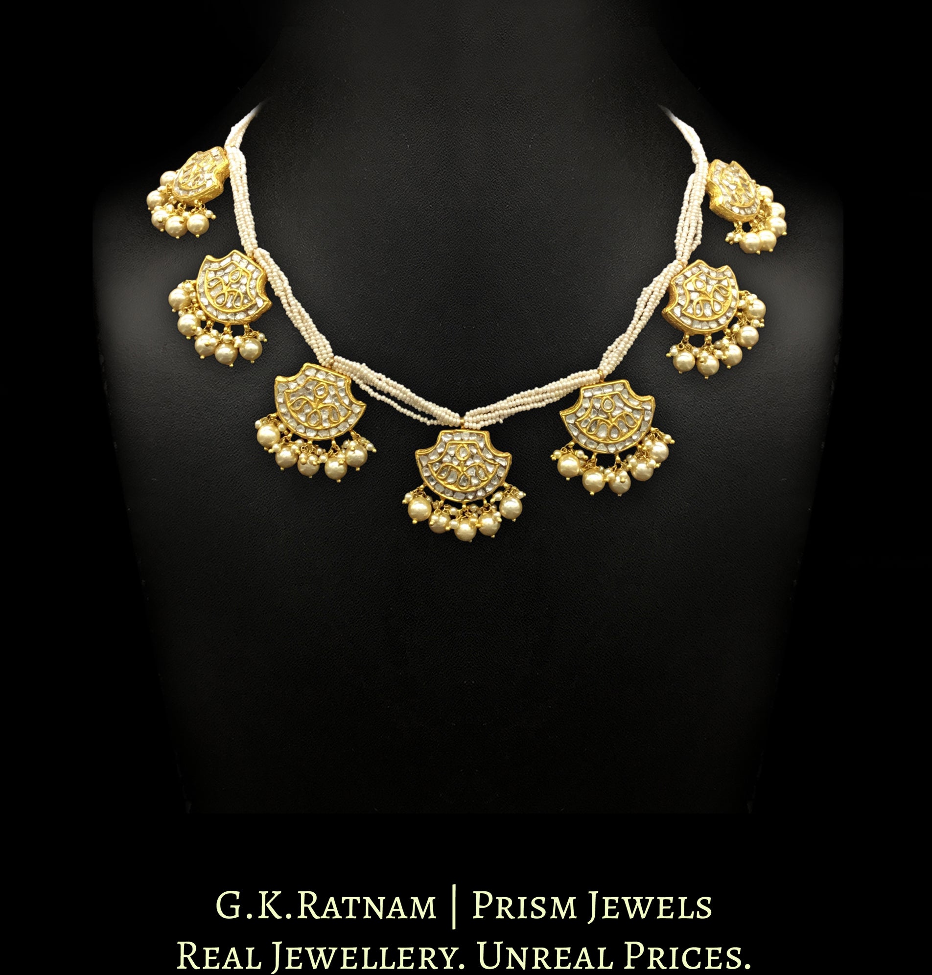 23k Gold and Diamond Polki Pankhi (fan) Necklace with Chid Pearl bunches - G. K. Ratnam