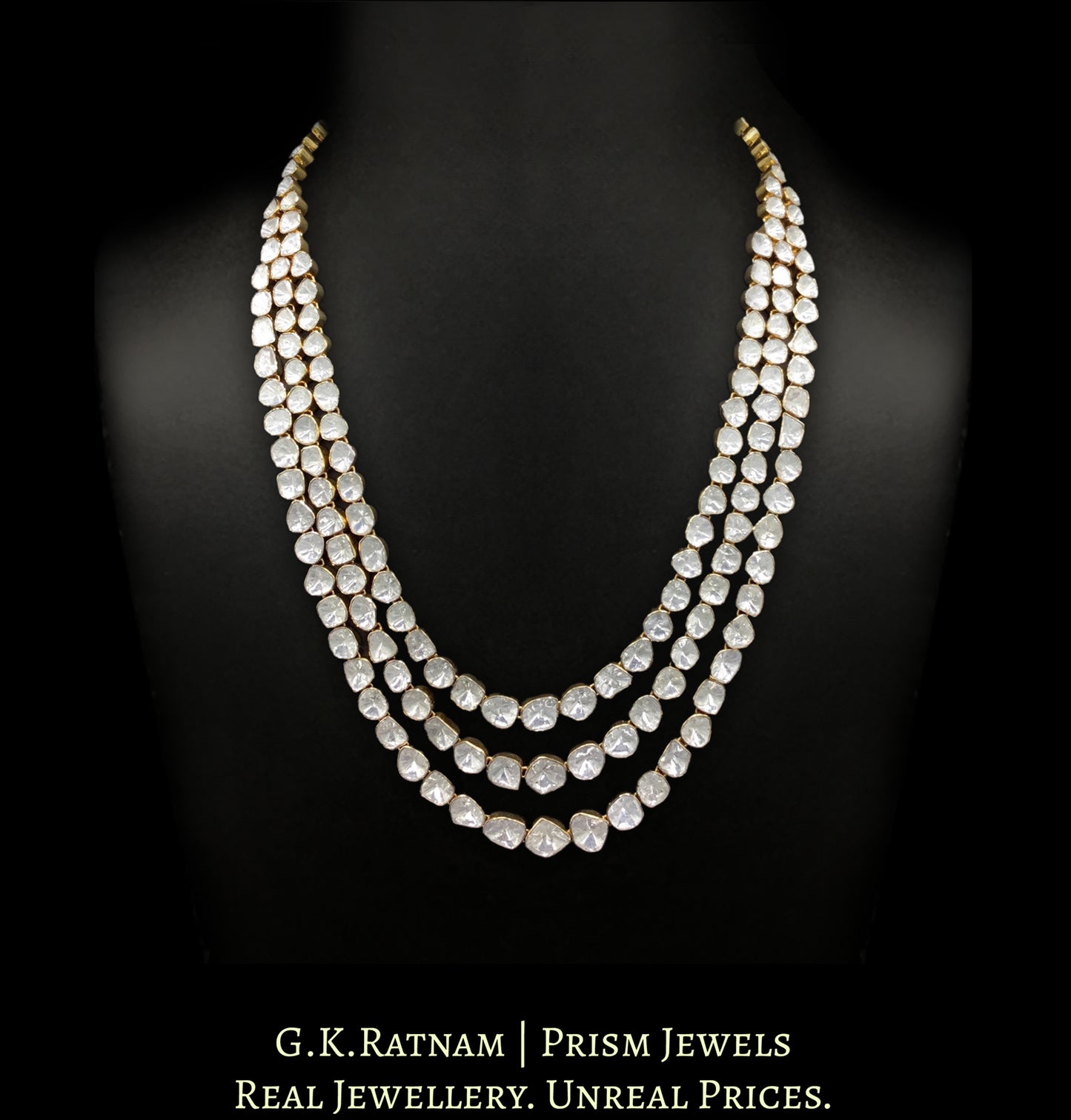 14k Gold and Diamond Polki Open Setting three-line Necklace