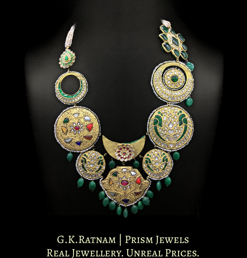 23k Gold and Diamond Polki hybrid Necklace with antiqued freshwater pearls and green beryls - G. K. Ratnam