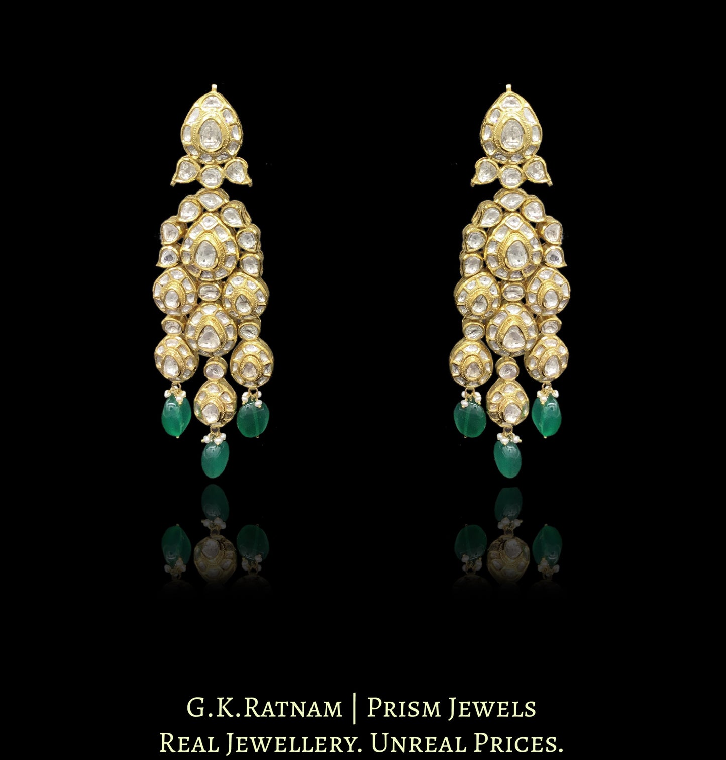 18k Gold and Diamond Polki Bridal Necklace Set with emerald-grade Green Beryl Hangings