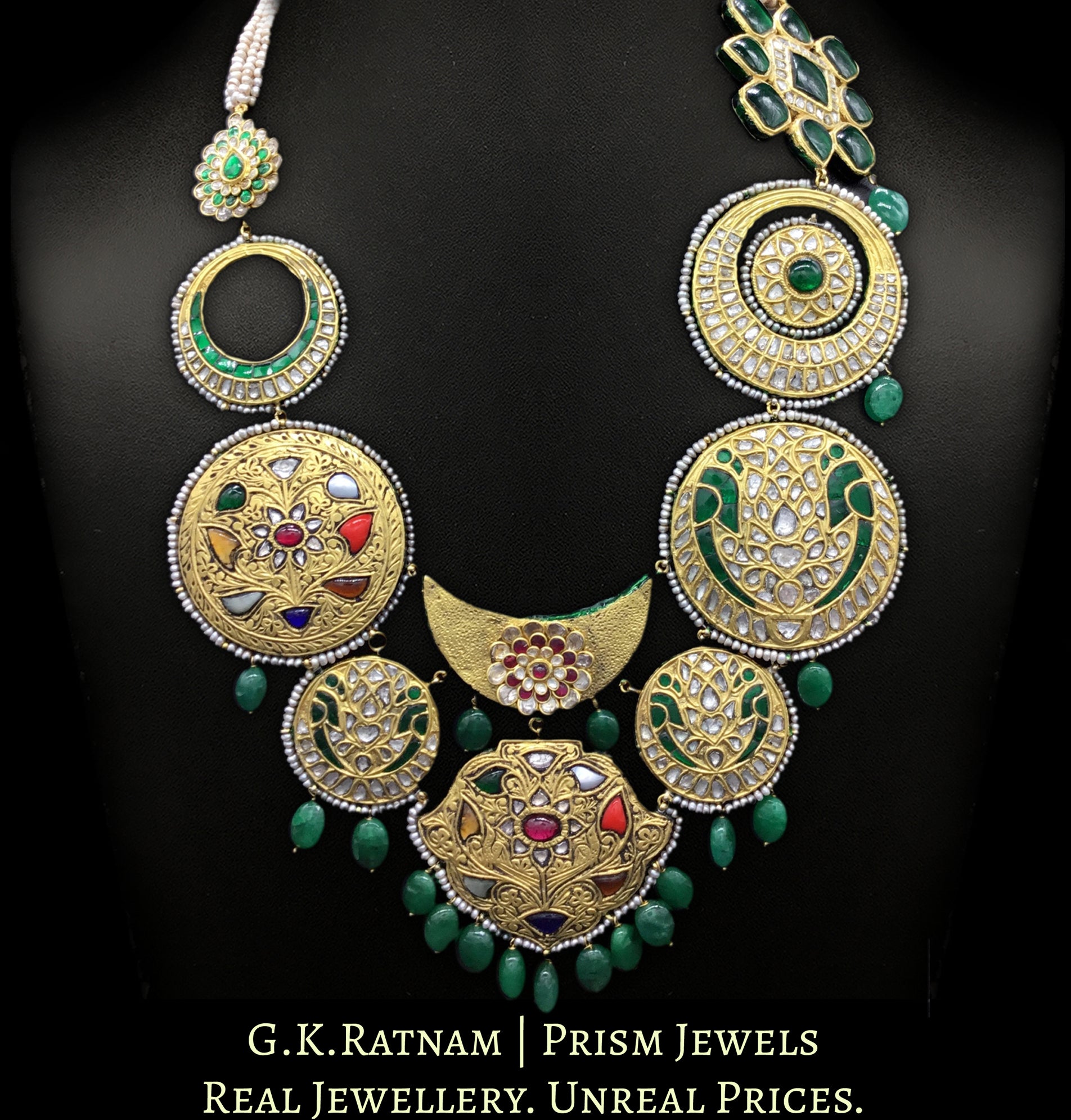 23k Gold and Diamond Polki hybrid Necklace with antiqued freshwater pearls and green beryls - G. K. Ratnam