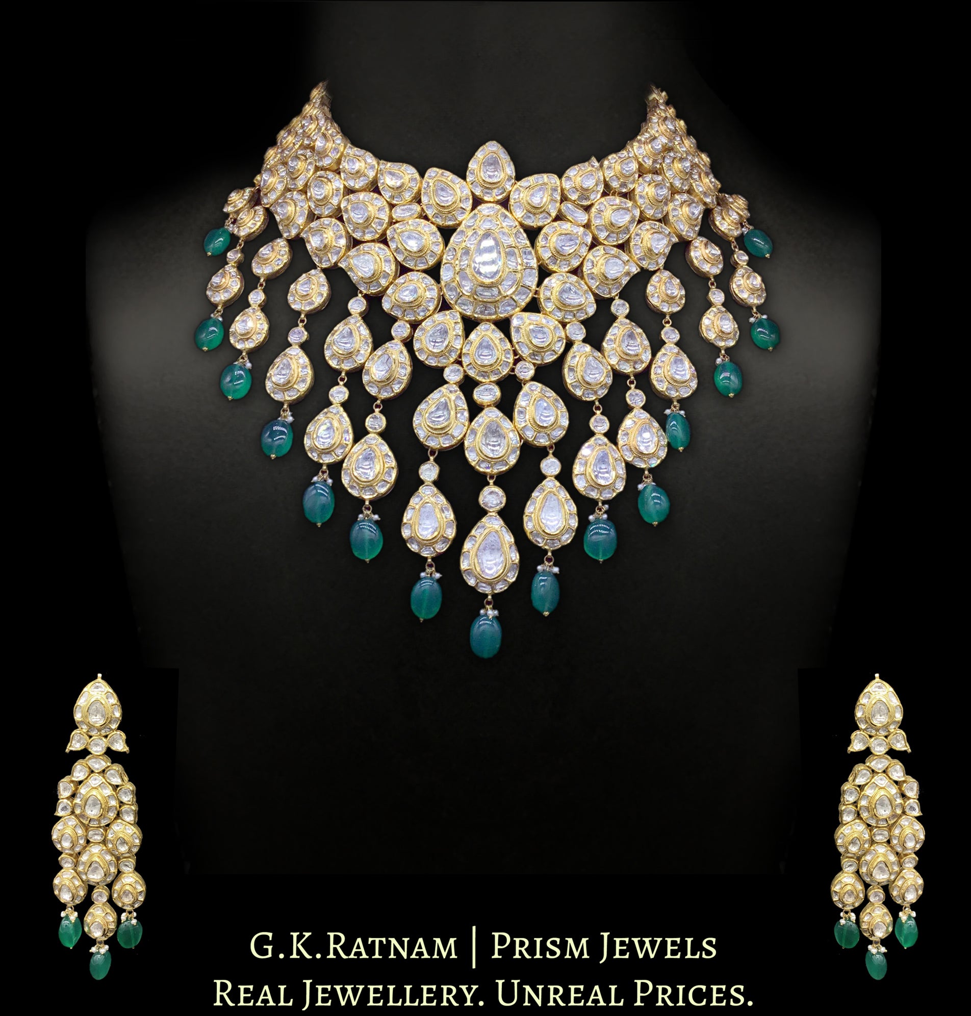 18k Gold and Diamond Polki Bridal Necklace Set with emerald-grade Green Beryl Hangings