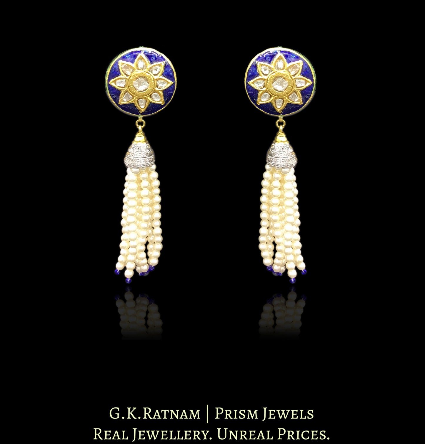 23k Gold and Diamond Polki round Pendant Set with blue enamelling and silver zircon caps - G. K. Ratnam