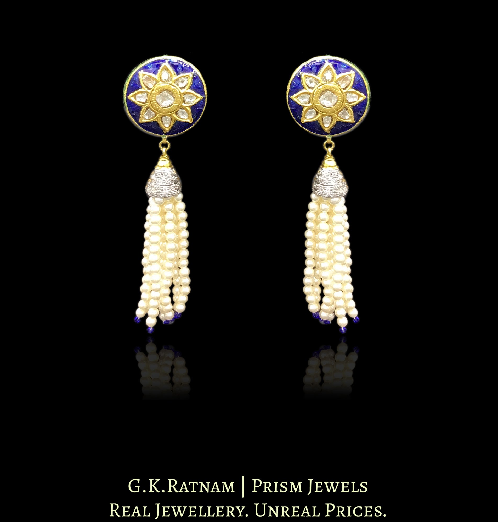 23k Gold and Diamond Polki round Pendant Set with blue enamelling and silver zircon caps - G. K. Ratnam