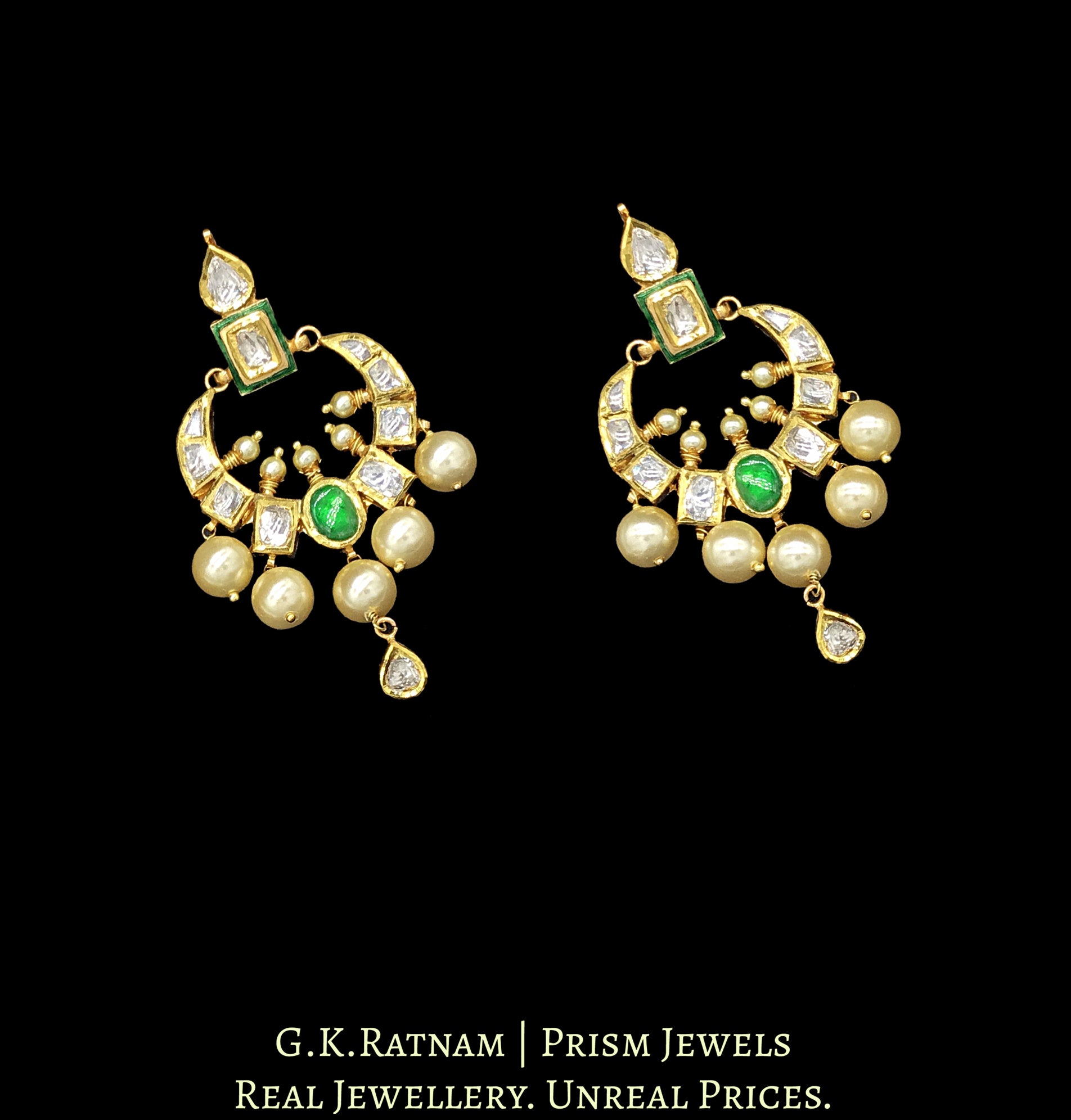 18k Gold and Diamond Polki Chand Bali Earring Pair with a hint of green meenakari - G. K. Ratnam