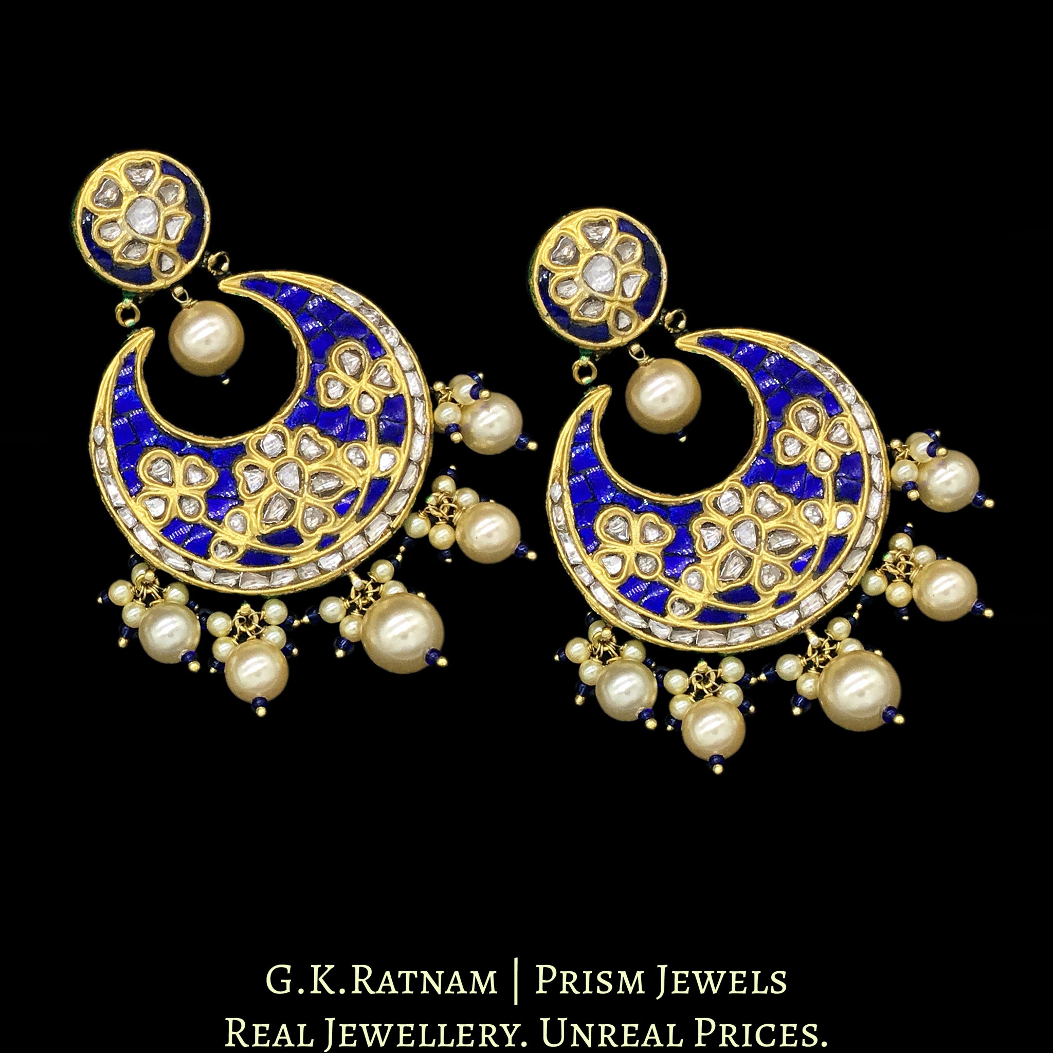 23k Gold and Diamond Polki Chand Bali Earring Pair with Blue stones set around uncuts - G. K. Ratnam