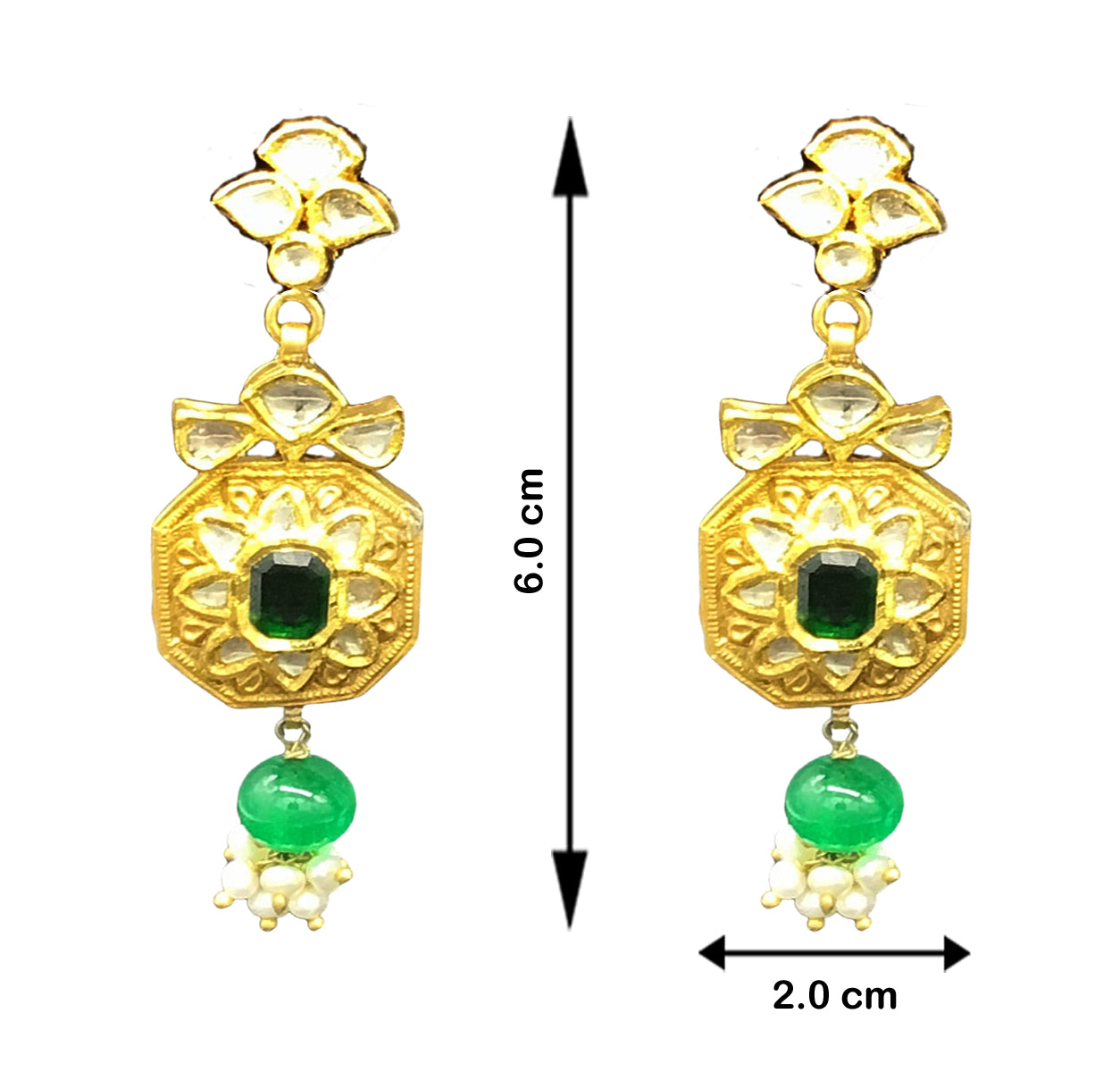 22k Gold and Diamond Polki green-center Octagon Pendant Set with polki leafs strung in natural emerald beads - G. K. Ratnam