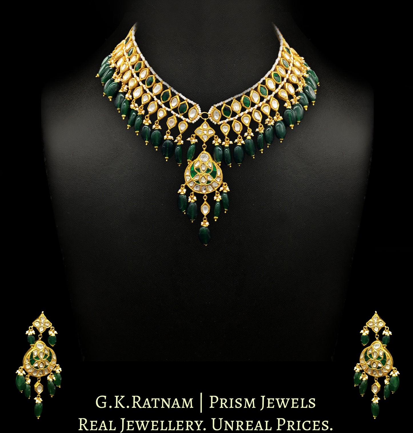 23k Gold and Diamond Polki Necklace Set with alternating green and uncut elements - G. K. Ratnam