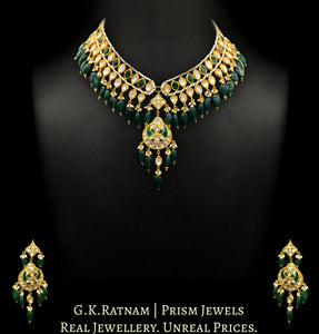 23k Gold and Diamond Polki Necklace Set with alternating green and uncut elements - G. K. Ratnam