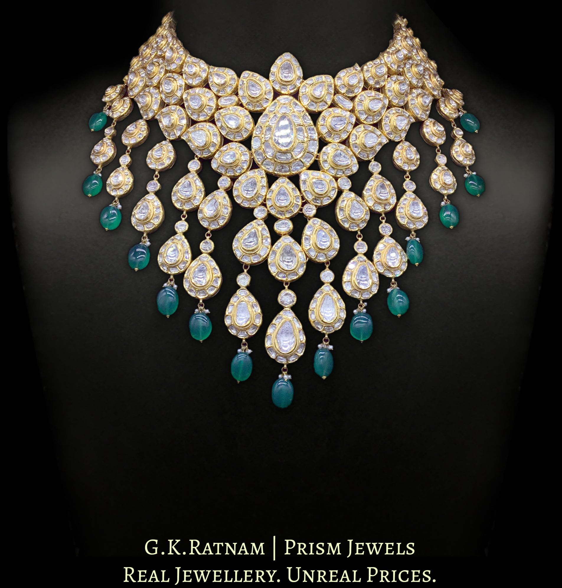 18k Gold and Diamond Polki Bridal Necklace Set with emerald-grade Green Beryl Hangings