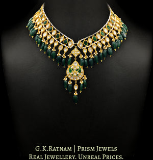 23k Gold and Diamond Polki Necklace Set with alternating green and uncut elements - G. K. Ratnam